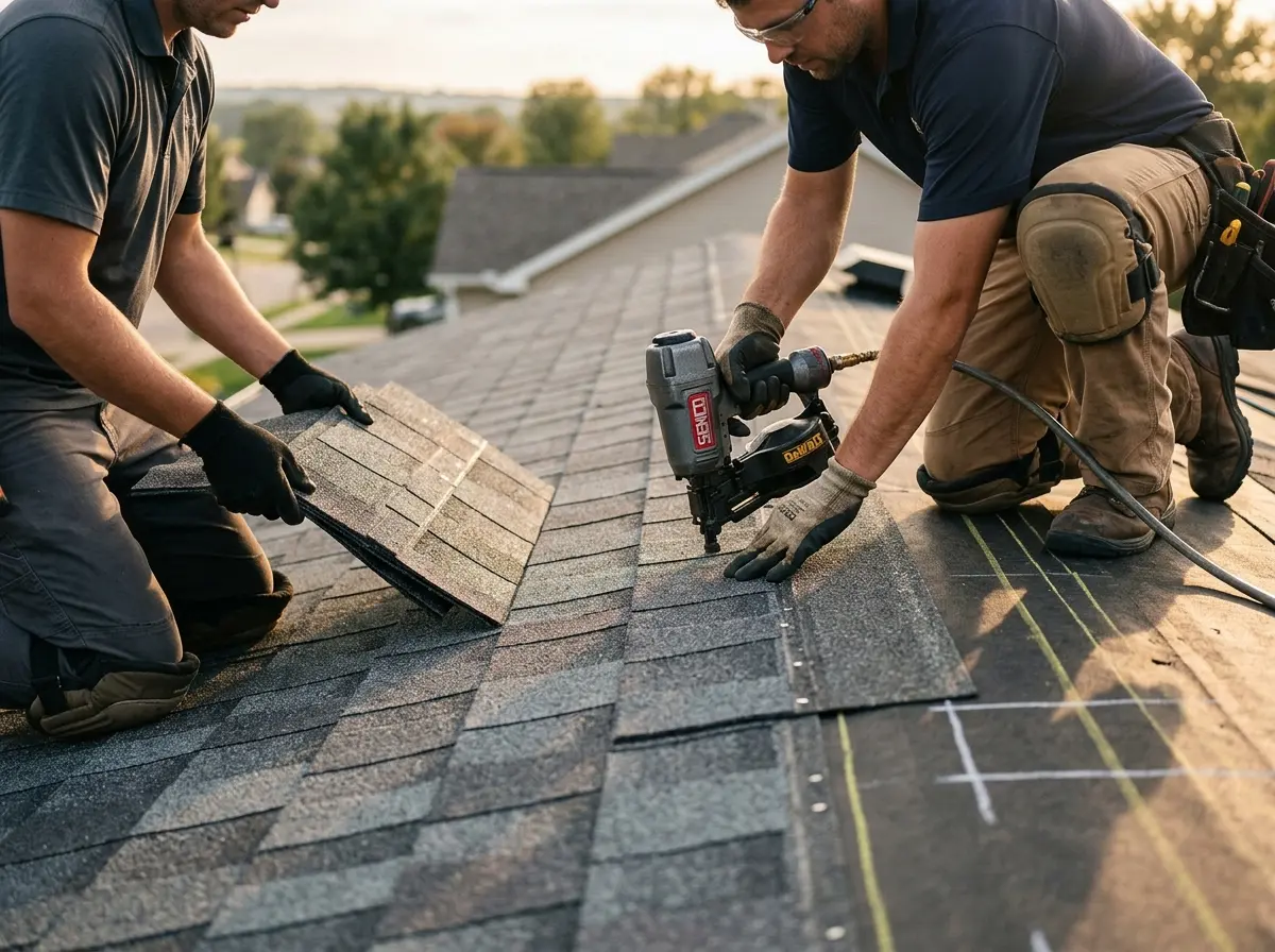 Professional roofer working on a residential roof in Stevens Point